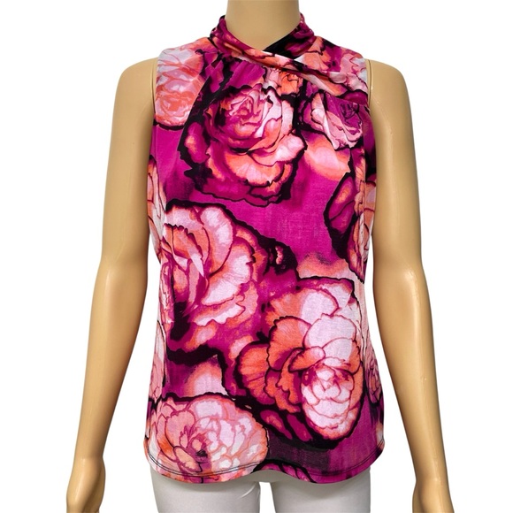 Worthington Tops - Worthington Women’s Pink Rose Floral High-neck Sleeveless Blouse size Medium P